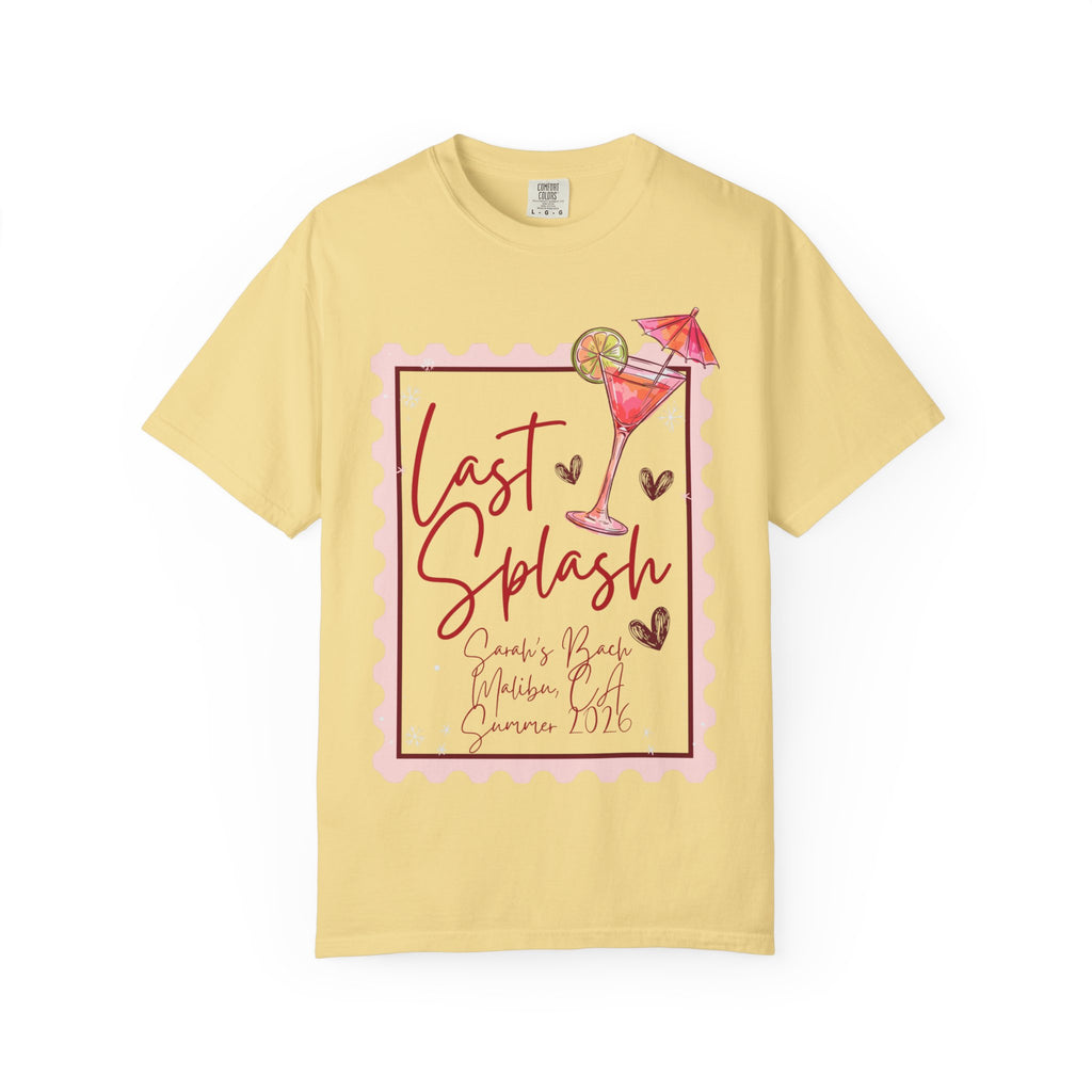 Last Splash Sarah's Bach Malibu CA Summer 2026 design on yellow t-shirt.