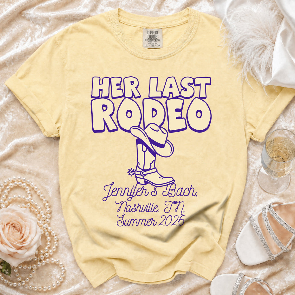 Yellow t-shirt with "Her Last Rodeo" and bachelorette details.