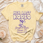 Yellow t-shirt with "Her Last Rodeo" and bachelorette details.