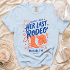 Blue t-shirt with "Jennifer's Bach Her Last Rodeo Nashville, TN Summer 2026" and rodeo graphics.