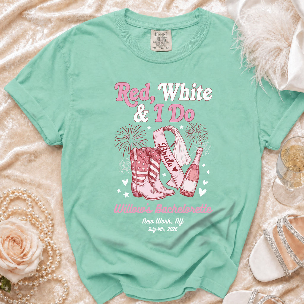 Bride in pink cowboy boots, "Red, White & I Do" text, bachelorette theme.