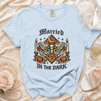 Light blue t-shirt with "Married In The Dark" graphic featuring a moth and skull.