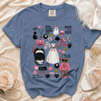Blue t-shirt with a collage of wedding and party-themed graphics and text.