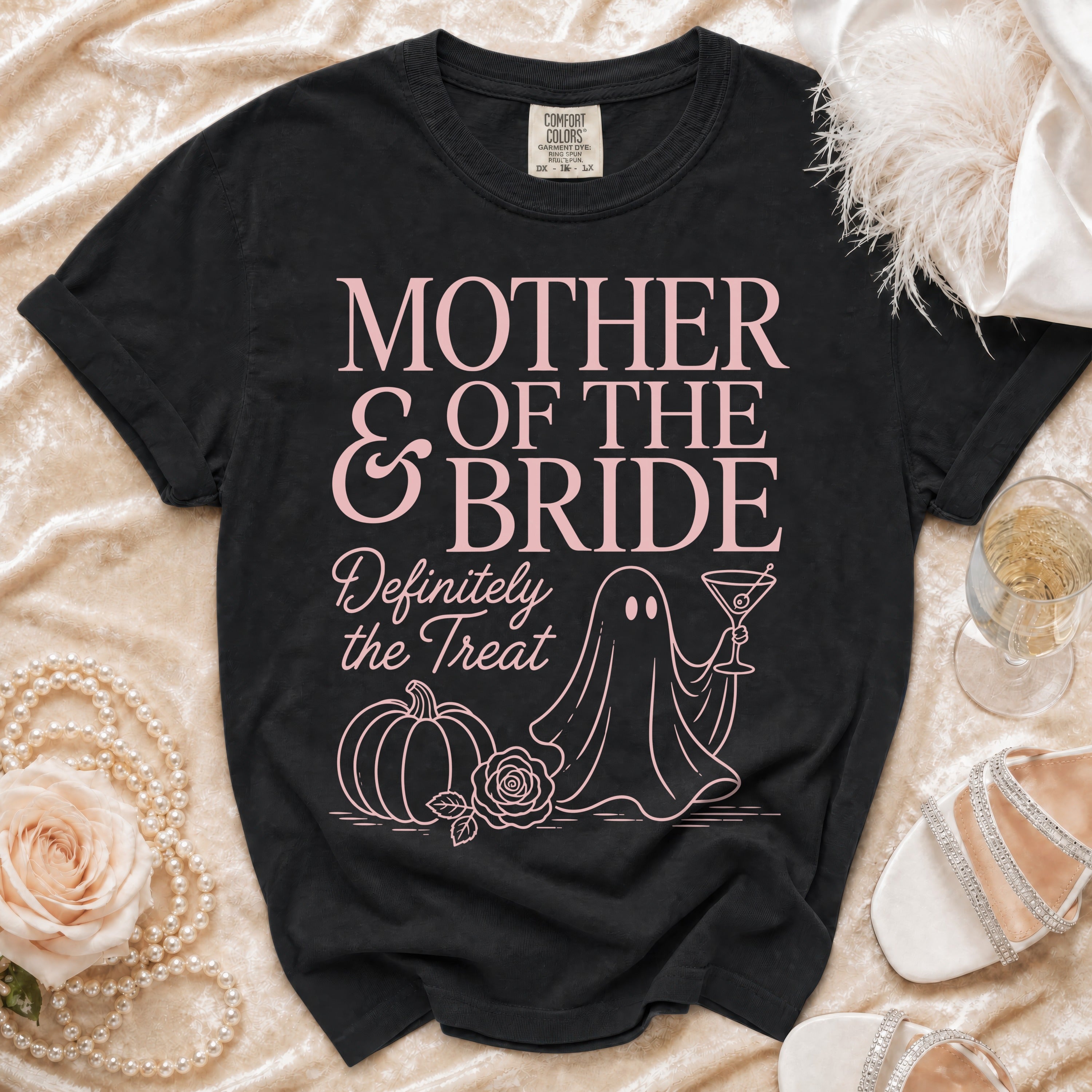 Black t-shirt with "Mother & Bride Definitely the Treat" text and ghost graphic.