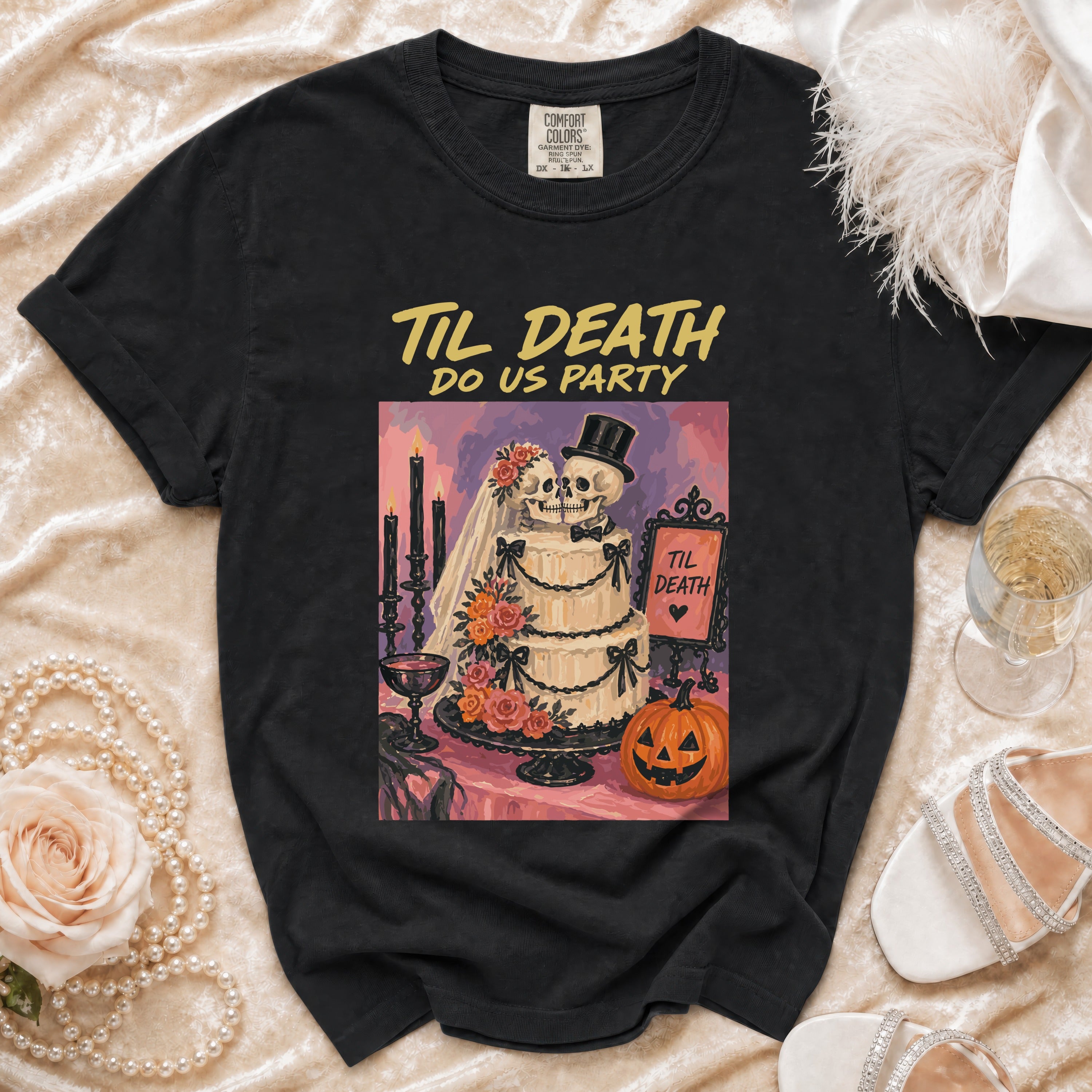 Black t-shirt with "Til Death Do Us Party" skeleton wedding graphic.
