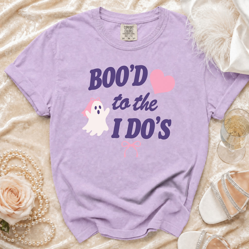 Lavender t-shirt with "Boo'd to the I Do's" text, ghost, and heart graphic.