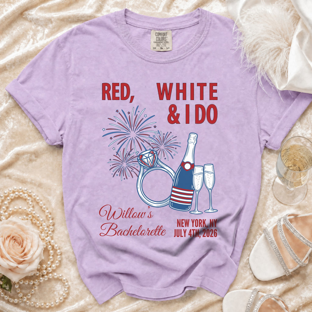 Red, White & I Do Willow's Bachelorette t-shirt with ring, champagne, fireworks.