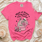 Pink t-shirt with skeleton graphic, "Maid of Honor Doing More Than Therapy" text.