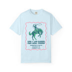 Light blue t-shirt with a pink border and a graphic of a rodeo rider.