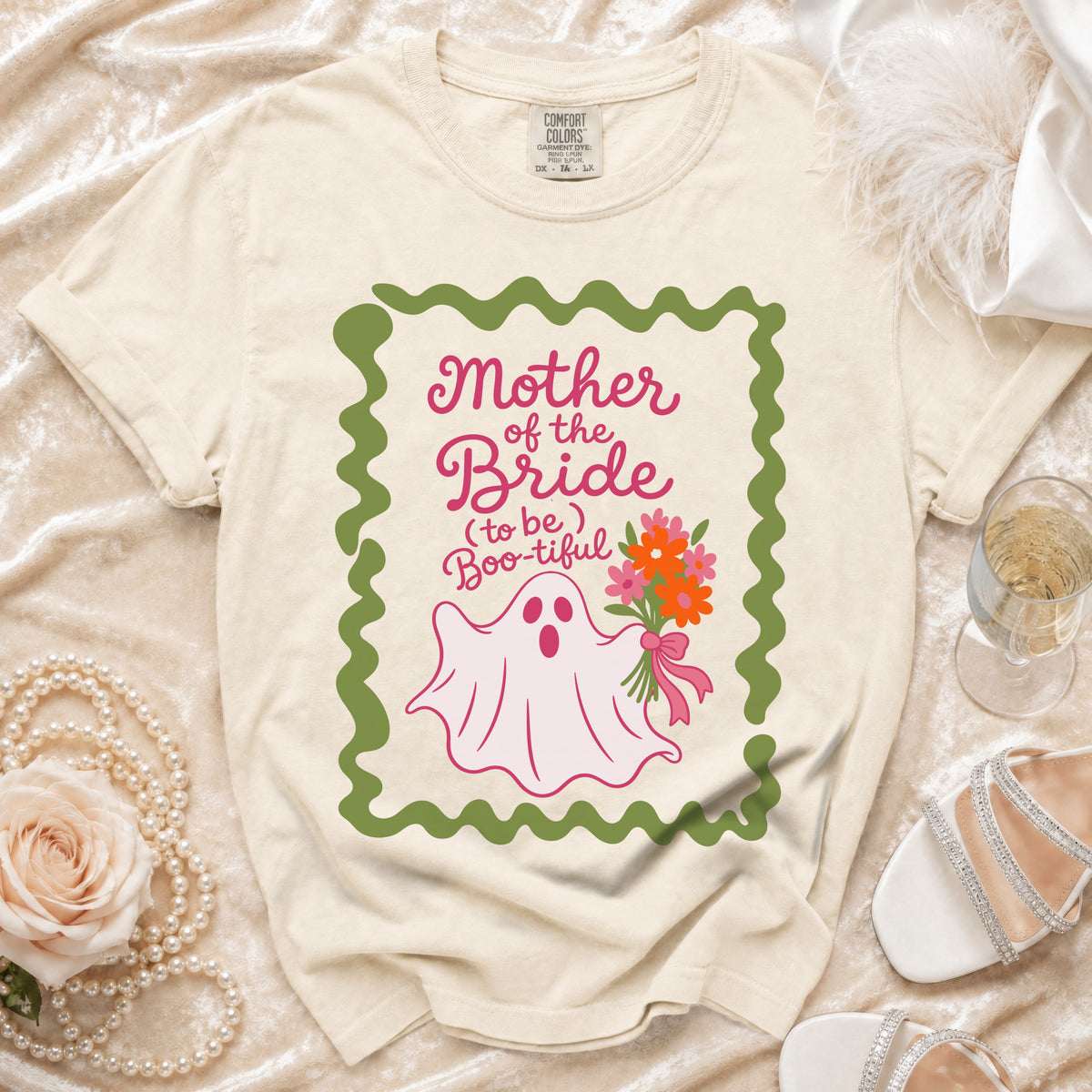 Cream t-shirt with "Mother of the Bride (to be) Boo-tiful" text and a ghost graphic.
