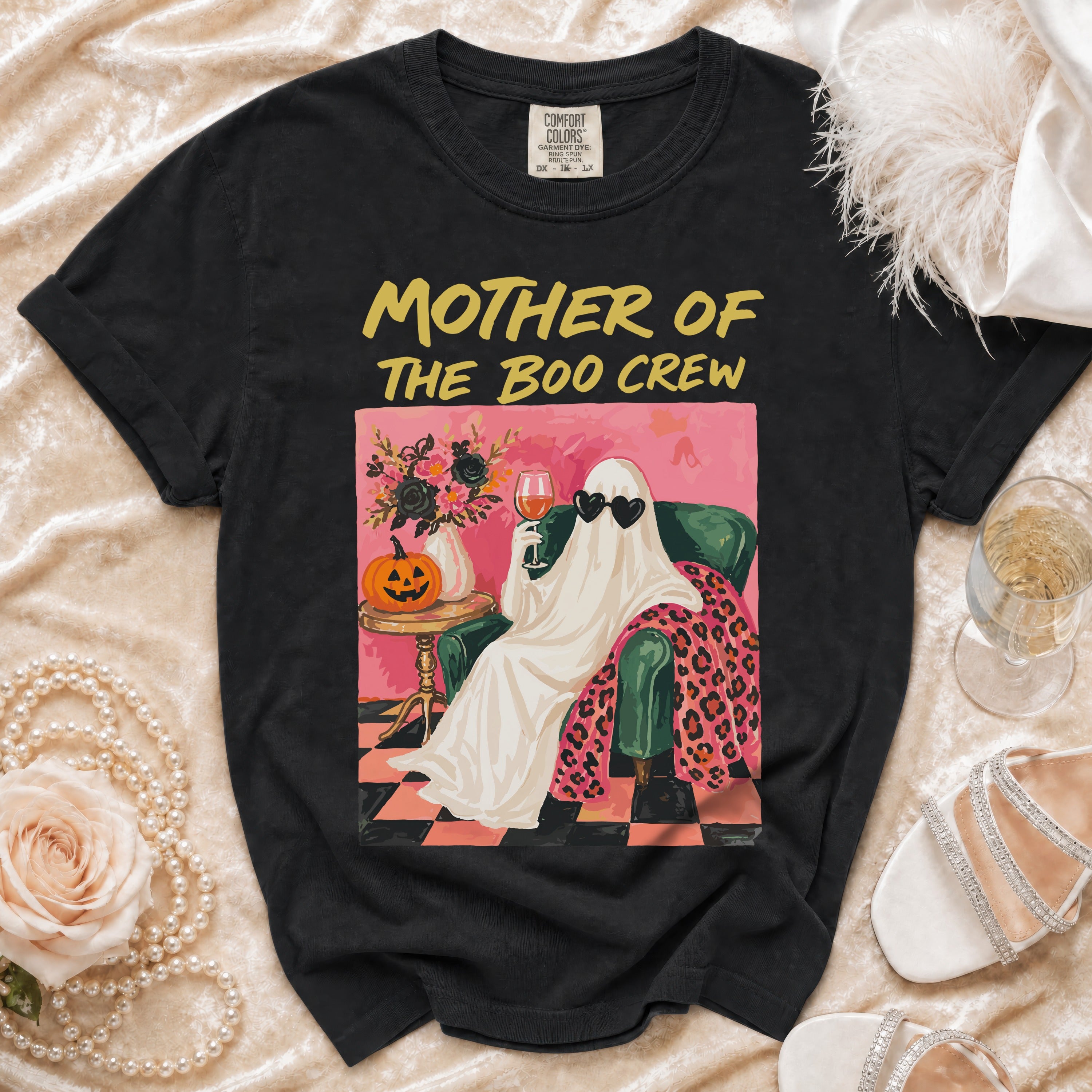 Black t-shirt with "Mother of the Boo Crew" text and a ghost graphic.