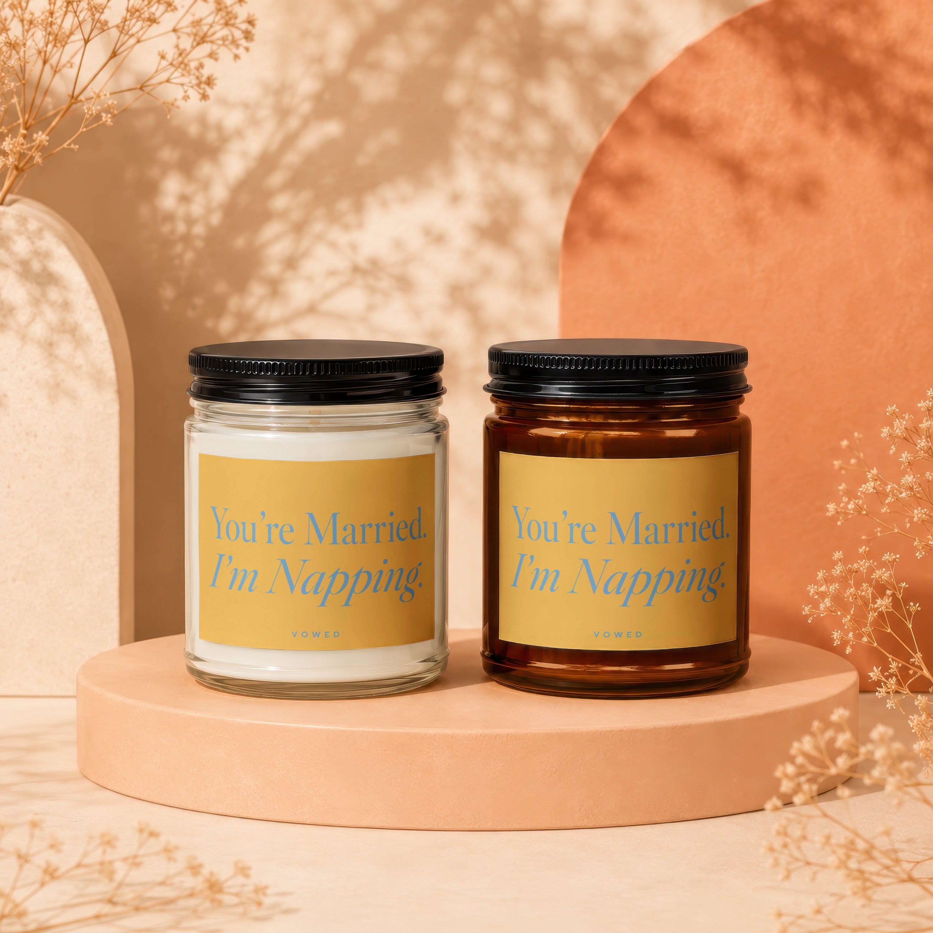 Two candles with "You're Married. I'm Napping." text.