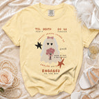 Yellow t-shirt with ghost graphic and text "Til Death Do Us Forever", "Spooky Season, Locked In".