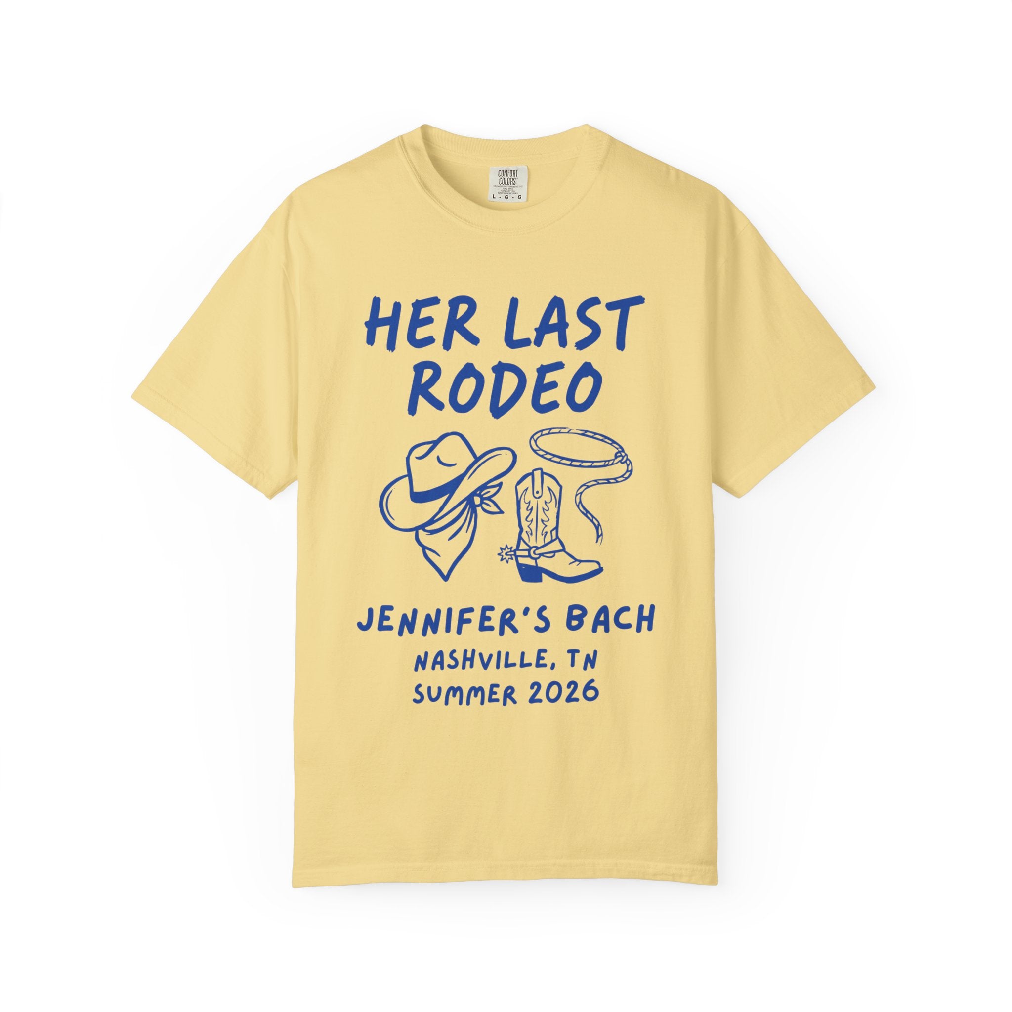 Yellow t-shirt with "HER LAST RODEO" text, cowboy hat, lasso, and boots.