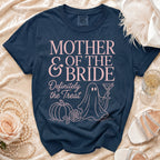 Navy t-shirt with "Mother of the Bride Definitely the Treat" text and ghost graphic.