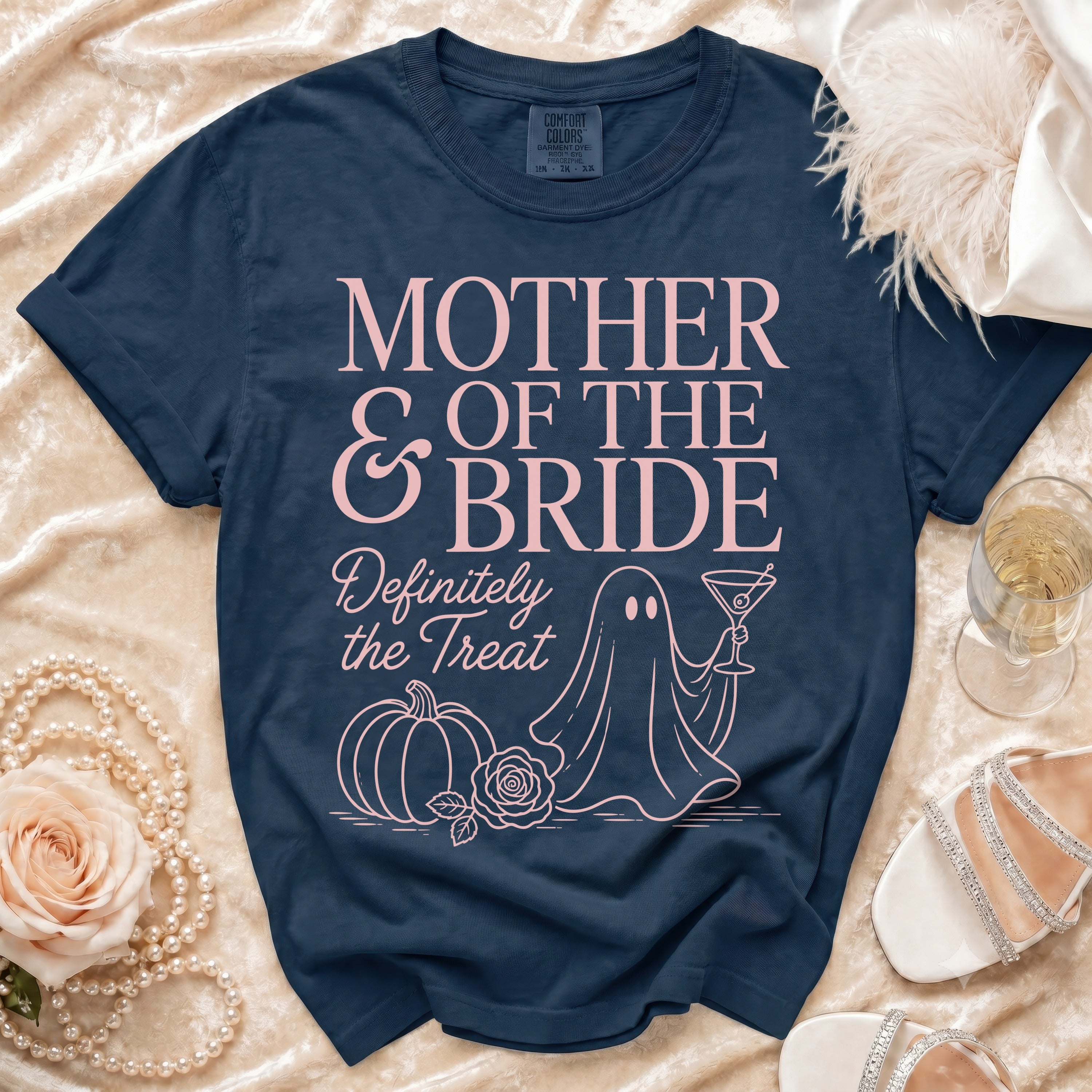 Navy t-shirt with "Mother of the Bride Definitely the Treat" text and ghost graphic.