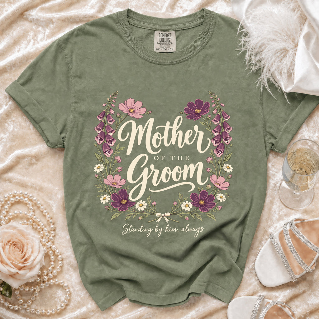 Green t-shirt with "Mother of the Groom" text and floral wreath.