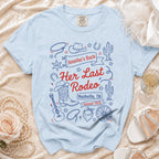 Light blue Comfort Colors t-shirt with "Jennifer's Bach Her Last Rodeo Nashville, TN Summer 2026" design.