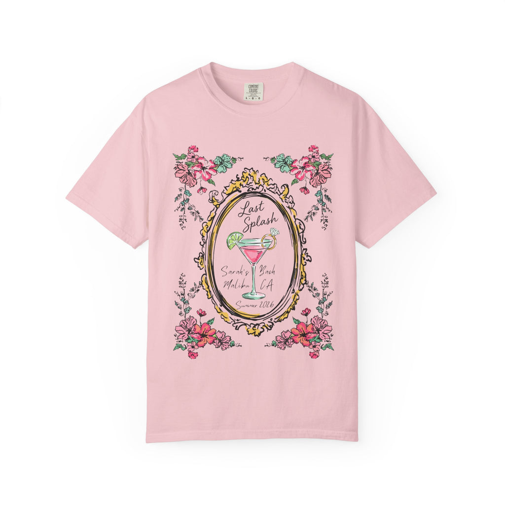 Pink t-shirt with floral frame, "Last Splash Sarah's Bash Malibu CA Summer 2018" text.