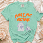 Mint green t-shirt with "MEET ME at the ALTAR" and ghost bride graphic.