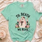 Mint t-shirt with ghost bride graphic saying "Til Death We Read".
