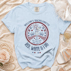 Willow's Bachelorette Red, White & I Do t-shirt with stars and champagne.