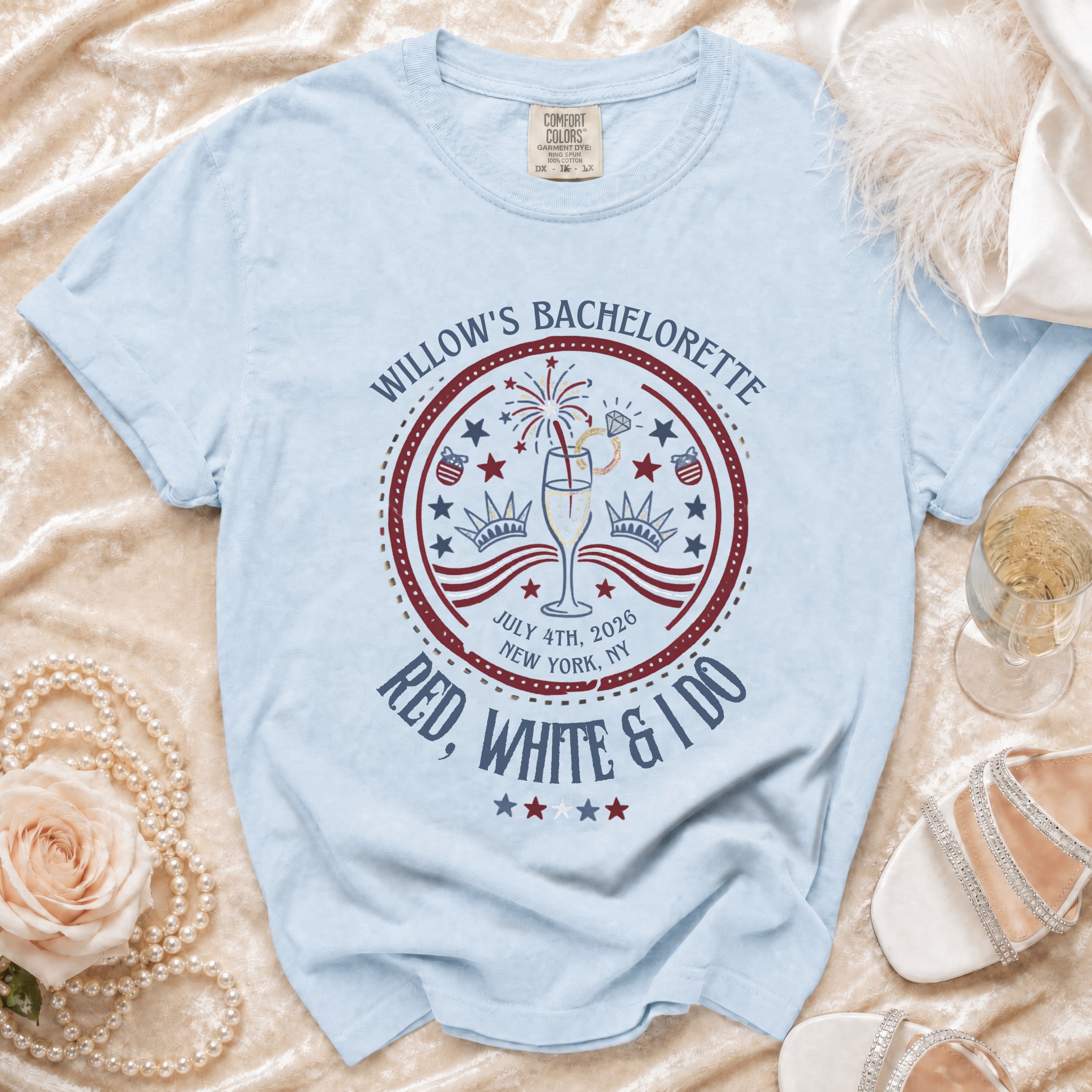 Willow's Bachelorette Red, White & I Do t-shirt with stars and champagne.