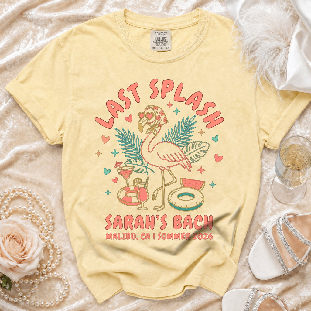 Yellow t-shirt with "LAST SPLASH SARAH'S BACH MALIBU, CA | SUMMER 2026" text.