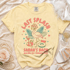 Yellow t-shirt with "LAST SPLASH SARAH'S BACH MALIBU, CA | SUMMER 2026" text.