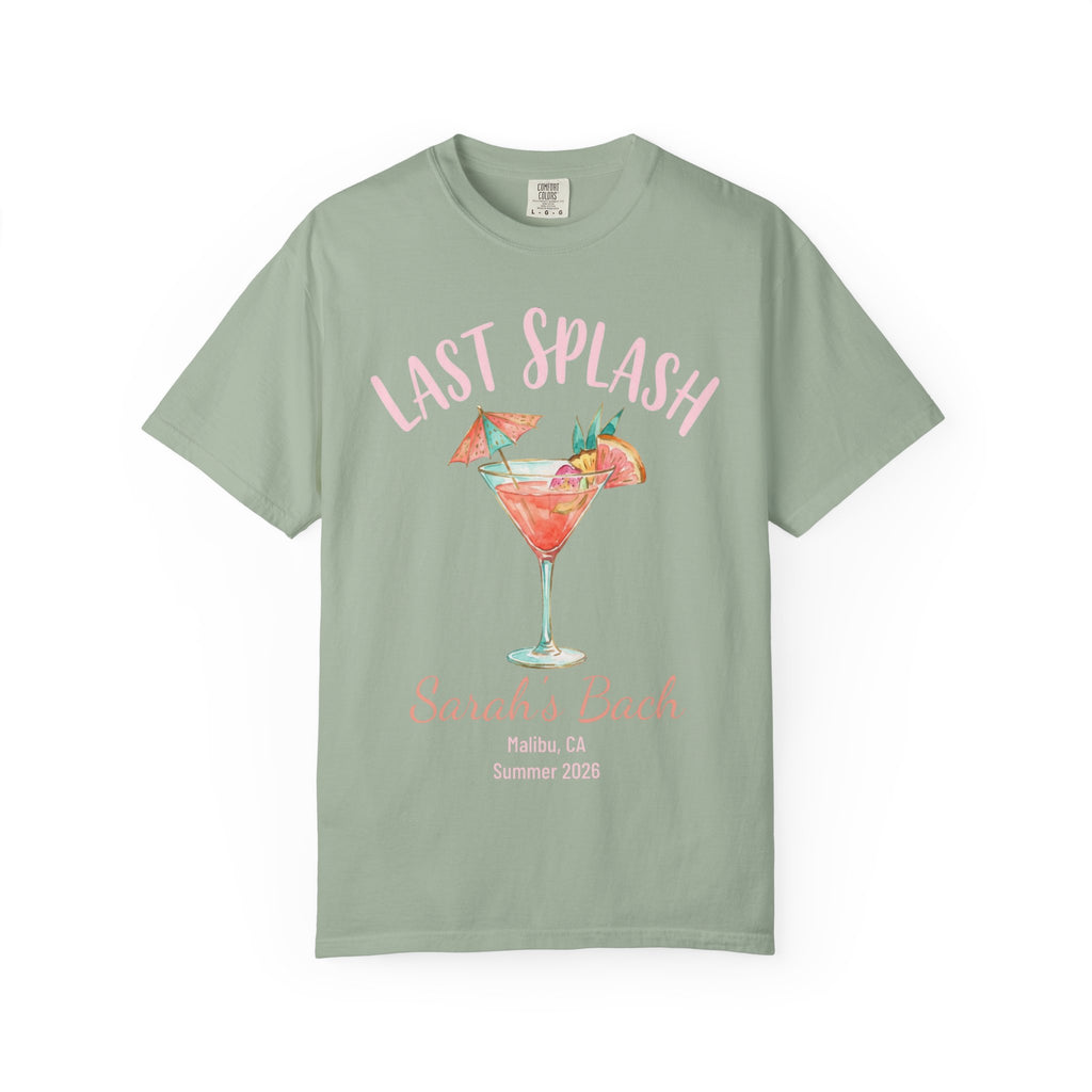 "Last Splash" cocktail graphic with "Sarah's Bach" text on sage green t-shirt.