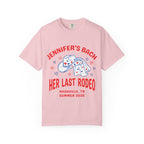 Pink t-shirt with "Jennifer's Bach Her Last Rodeo" text and cowboy hat graphic.