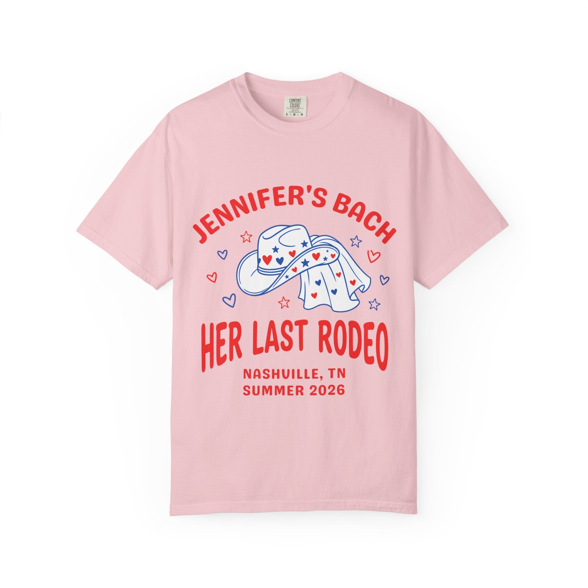 Pink t-shirt with "Jennifer's Bach Her Last Rodeo" text and cowboy hat graphic.