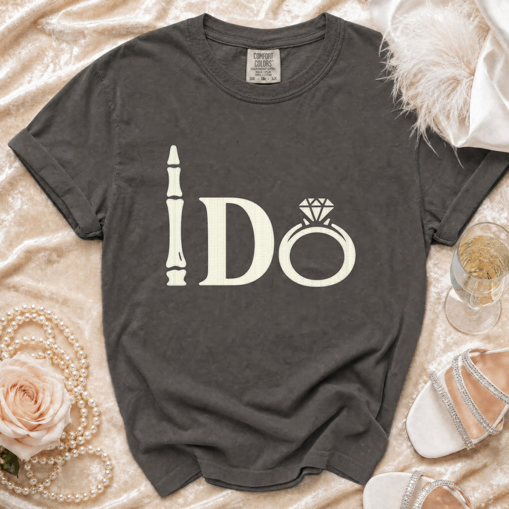 Dark gray graphic tee with "I Do" text and diamond ring symbol.