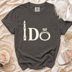 Dark gray graphic tee with "I Do" text and diamond ring symbol.