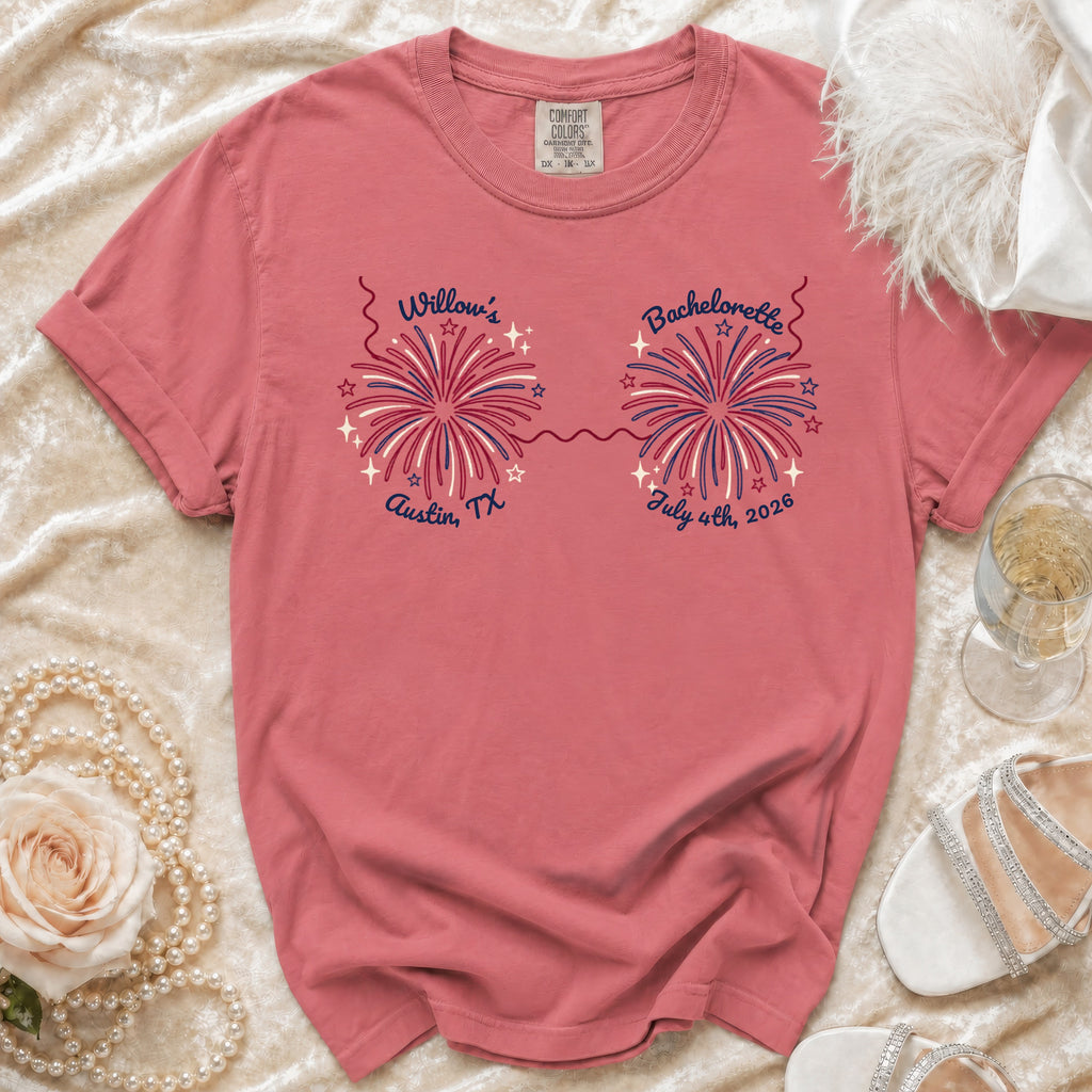 Rose colored t-shirt with "Willow's Bachelorette Austin, TX July 4th, 2026" text.