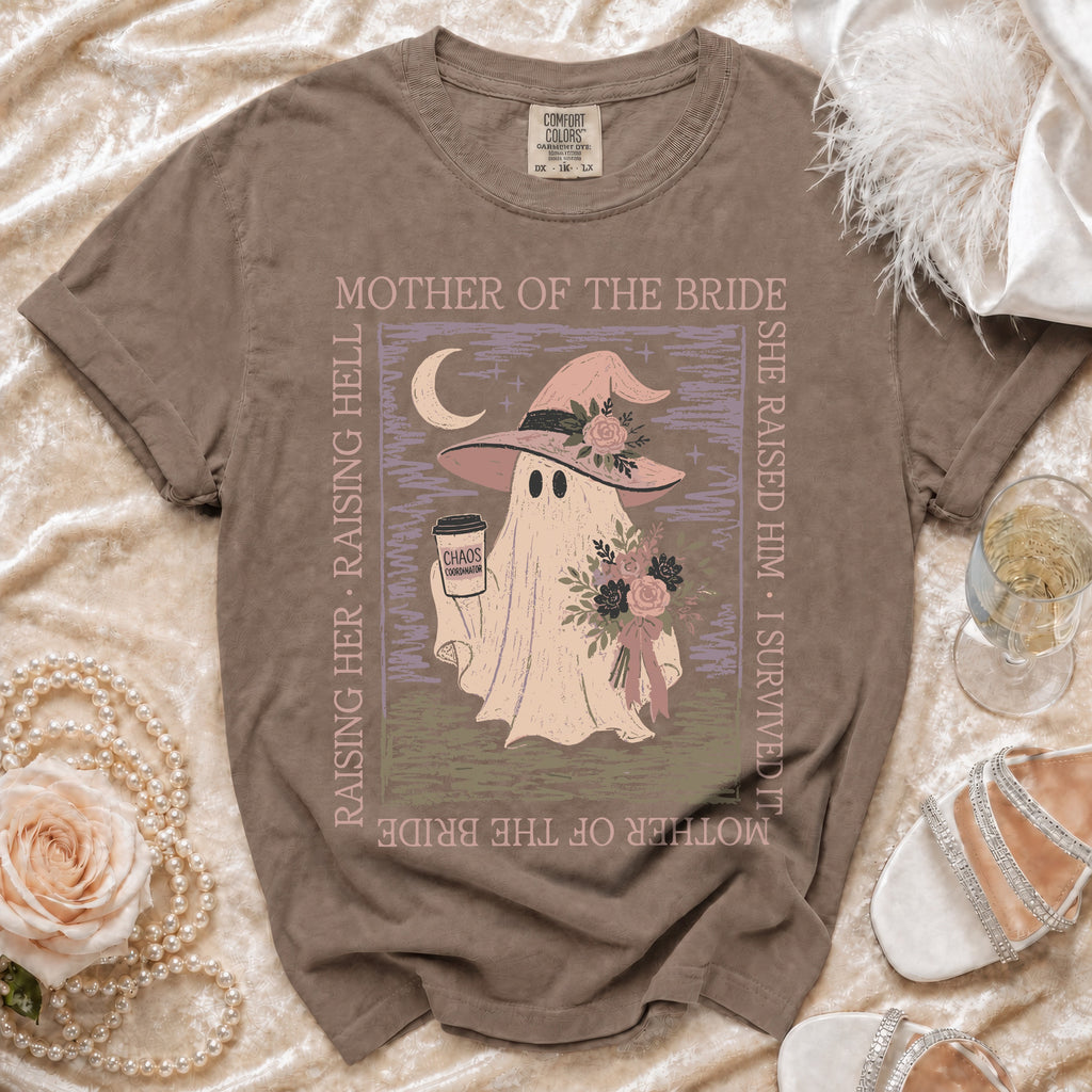 Brown shirt with ghost wearing witch hat and holding coffee, saying "Mother of the Bride".