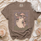 Brown shirt with ghost wearing witch hat and holding coffee, saying "Mother of the Bride".