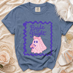 Blue t-shirt with "Bride of Fright" graphic featuring a pink ghost bride and flowers.