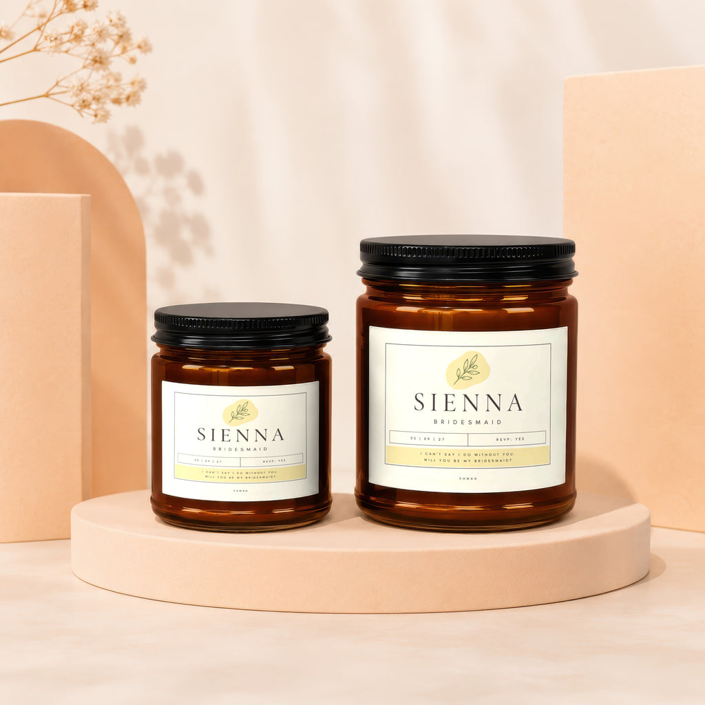 Two Sienna Bridesmaid candles with labels asking "Will you be my bridesmaid?".