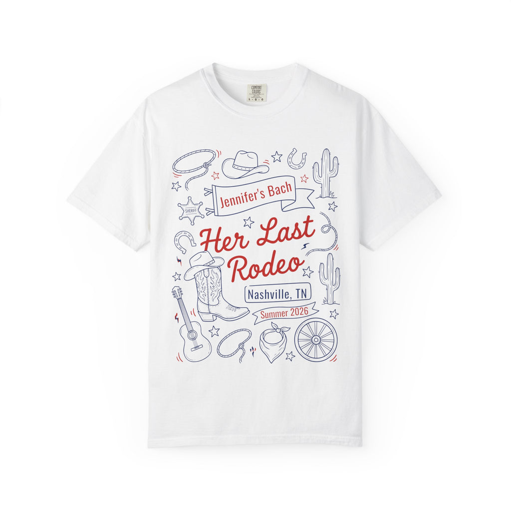 White t-shirt with "Jennifer's Bach Her Last Rodeo Nashville, TN Summer 2026" text and rodeo graphics.