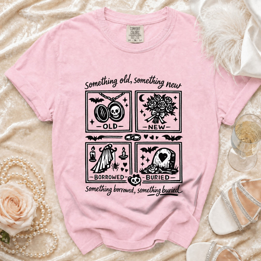 Pink t-shirt with "Something old, something new" text and four illustrated panels.