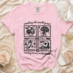 Pink t-shirt with "Something old, something new" text and four illustrated panels.