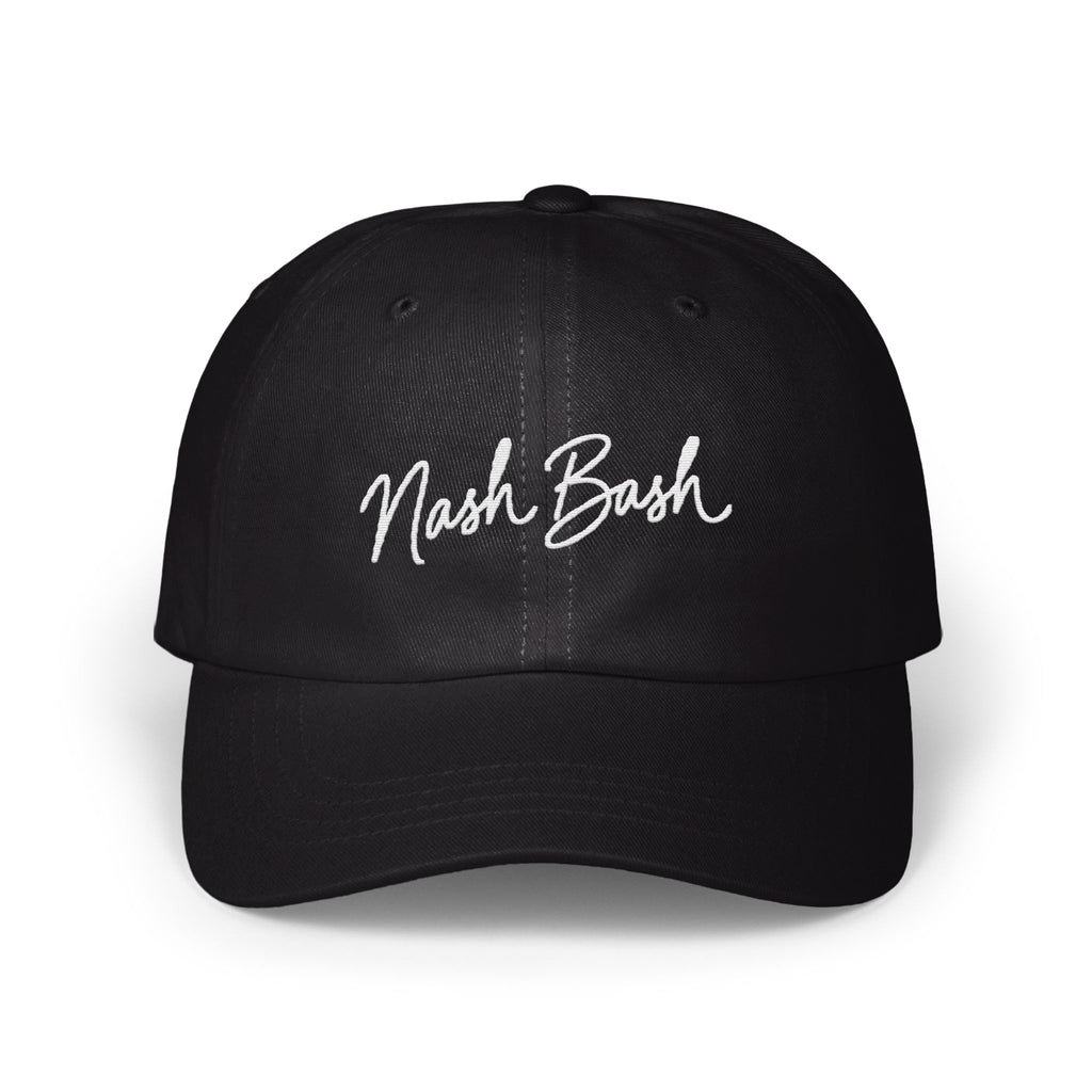 Black baseball cap featuring white embroidered script text reading Nash Bash on the front panel.