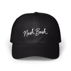 Black baseball cap featuring white embroidered script text reading Nash Bash on the front panel.