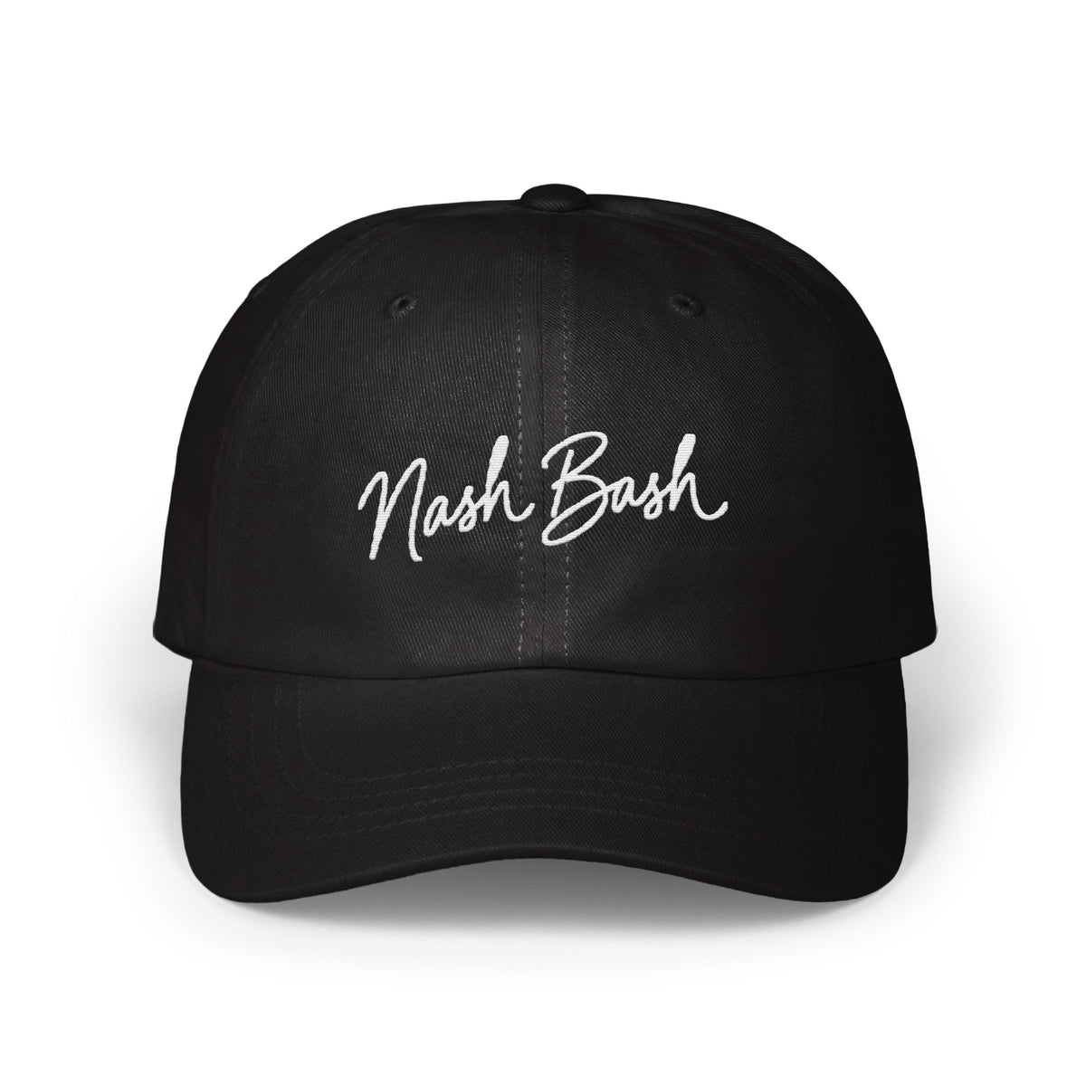 Black baseball cap featuring white embroidered script text reading Nash Bash on the front panel.