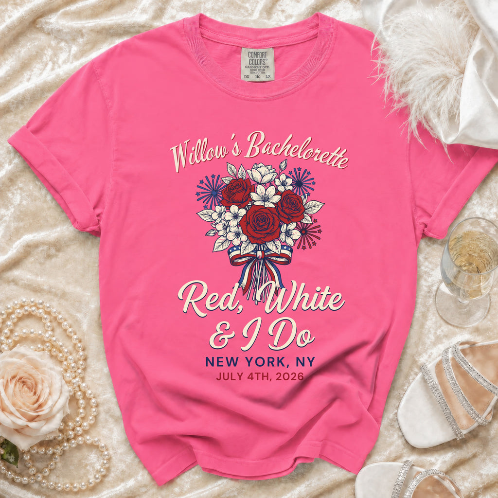 Pink t-shirt with "Willow's Bachelorette" and "Red, White & I Do" design.