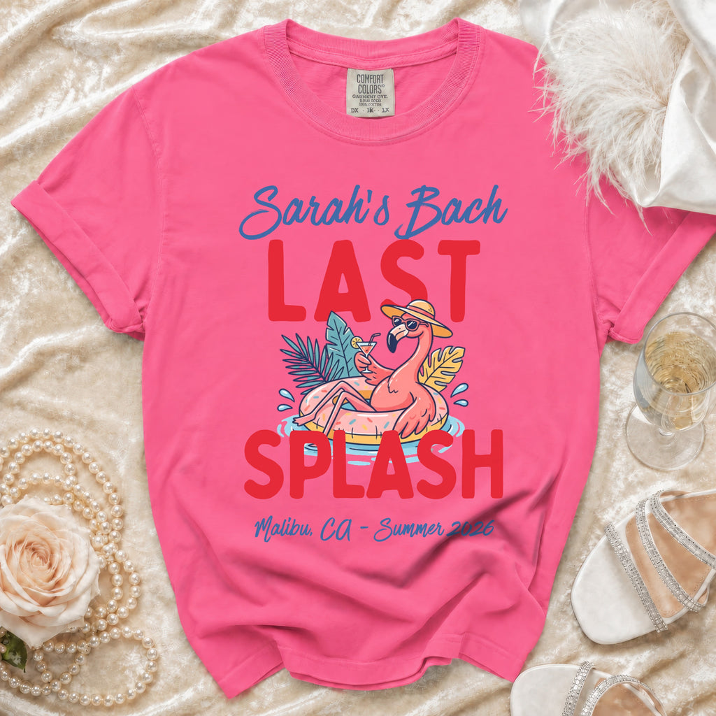 Pink t-shirt with "Sarah's Bach Last Splash" and flamingo graphic.