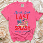 Pink t-shirt with "Sarah's Bach Last Splash" and flamingo graphic.