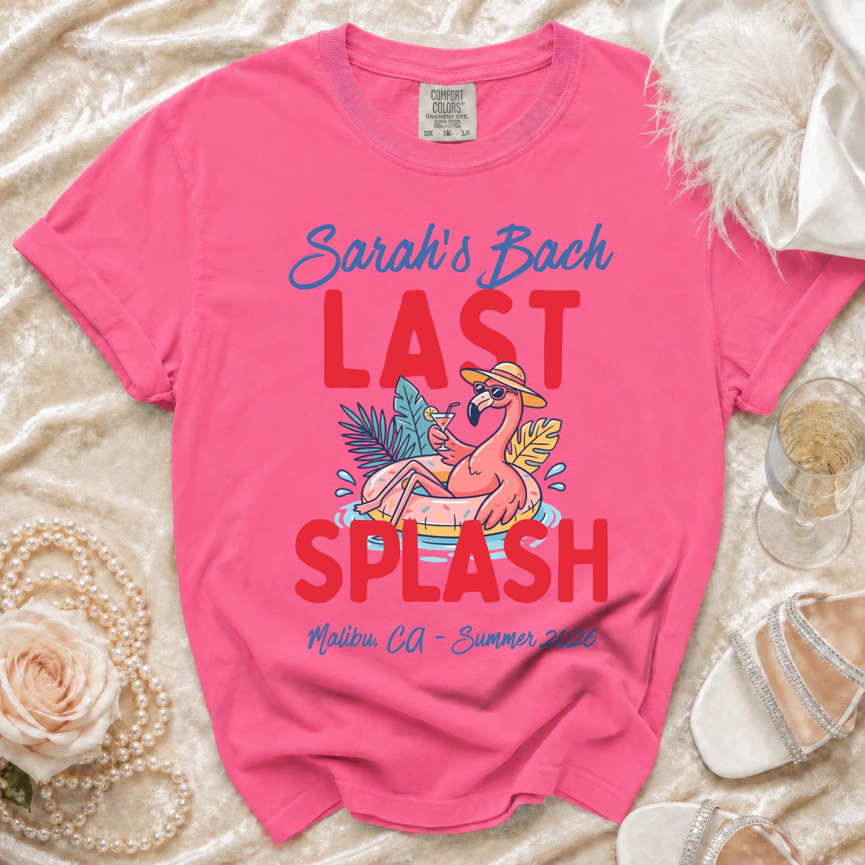 Pink t-shirt with "Sarah's Bach Last Splash" and flamingo graphic.