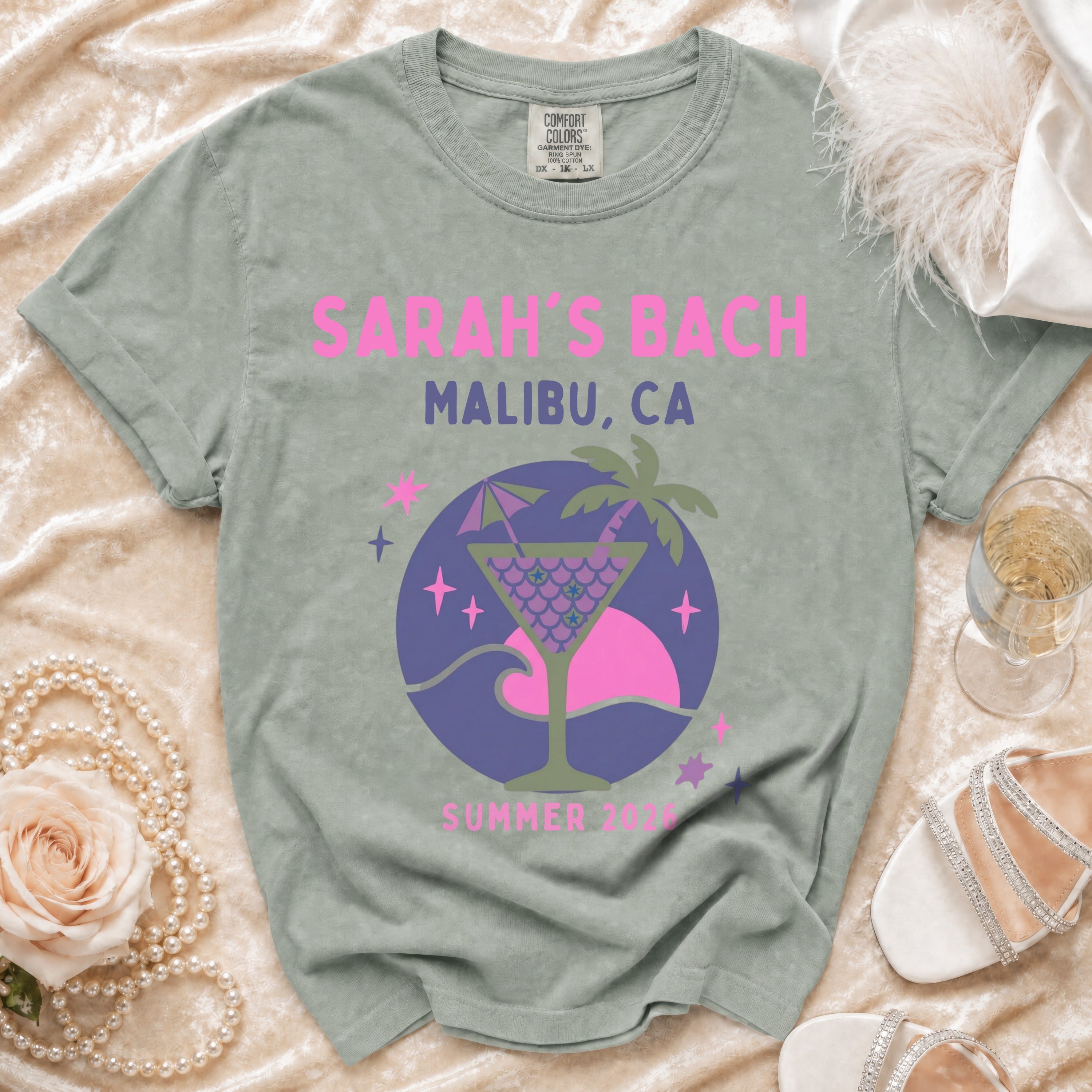 T-shirt with "Sarah's Bach Malibu, CA Summer 2024" and tropical drink graphic.